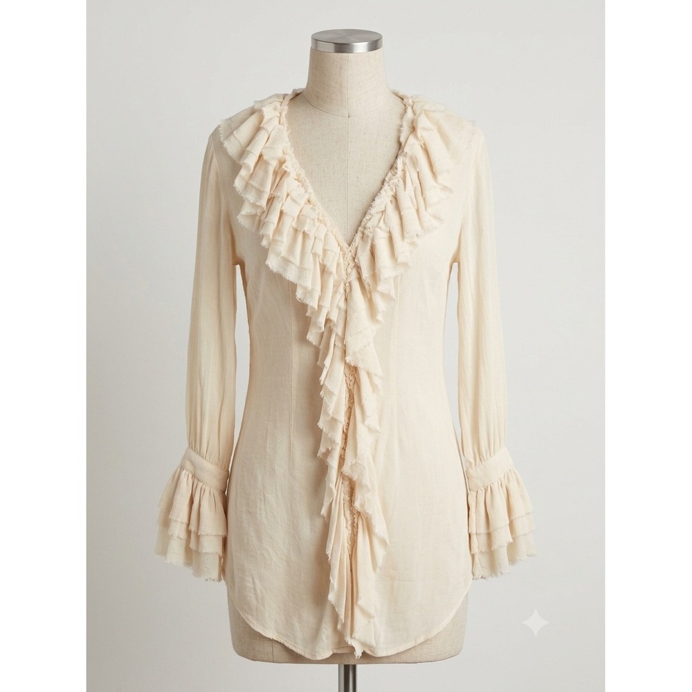 Anthropologie Cloth & Stone Cream Pirate Ruffle V-Neck Long Sleeve Tunic Top M